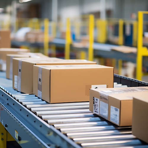 Packages moving on conveyor system