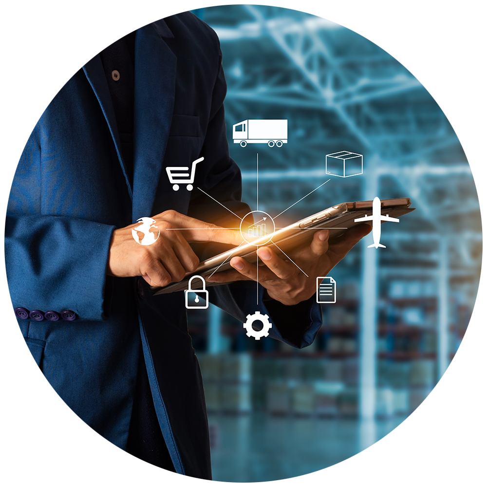Man monitoring supply chain inventory on tablet computer 