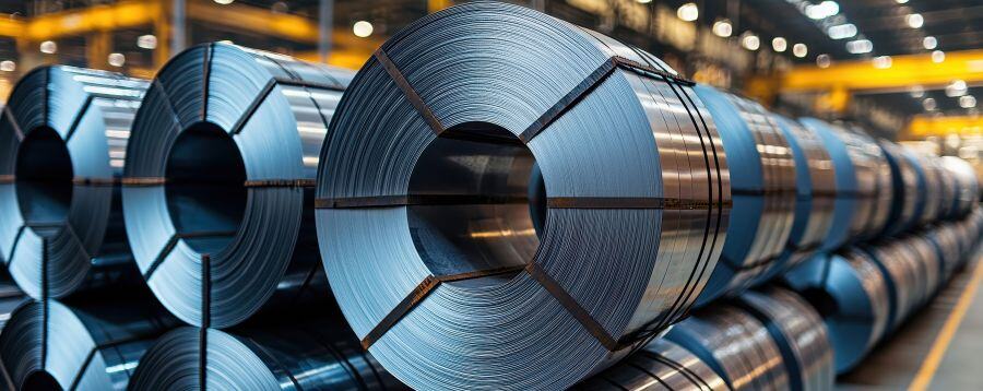 Picture of steel coils in the inventory area of a hot mill and metals manufacturer