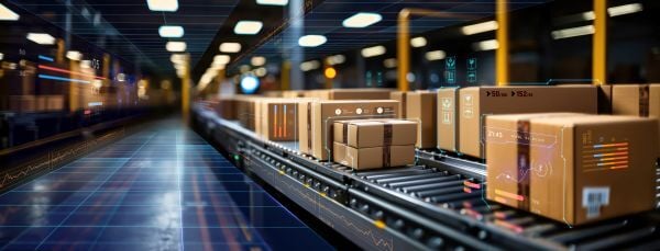 Image of a conveyor system with boxes in a distribution center