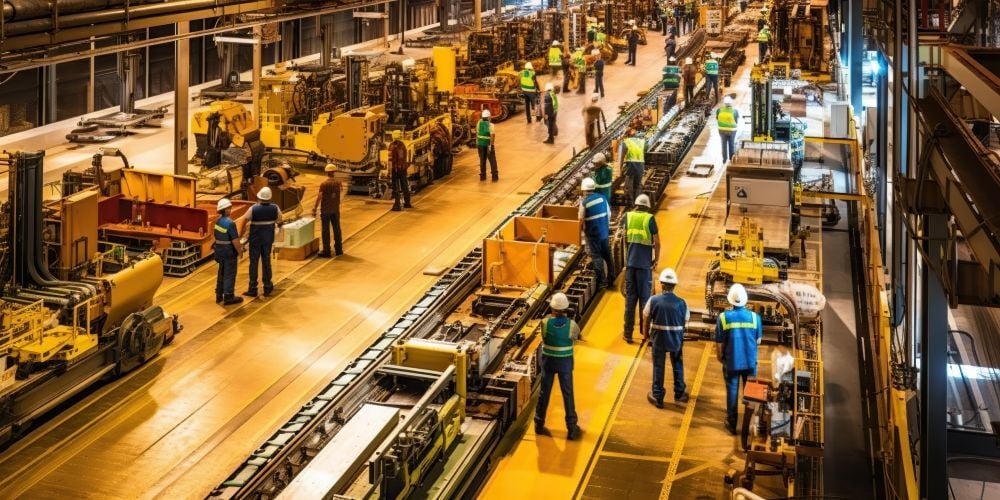 Photo looking over a manufacturing shop floor with conveyor lines, automation, and workers
