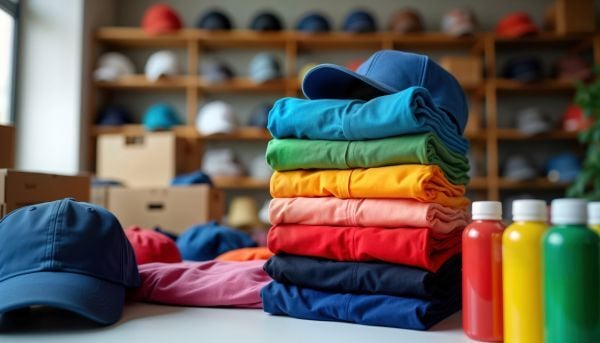 Colorful corporate apparel sitting in a workroom with shelves