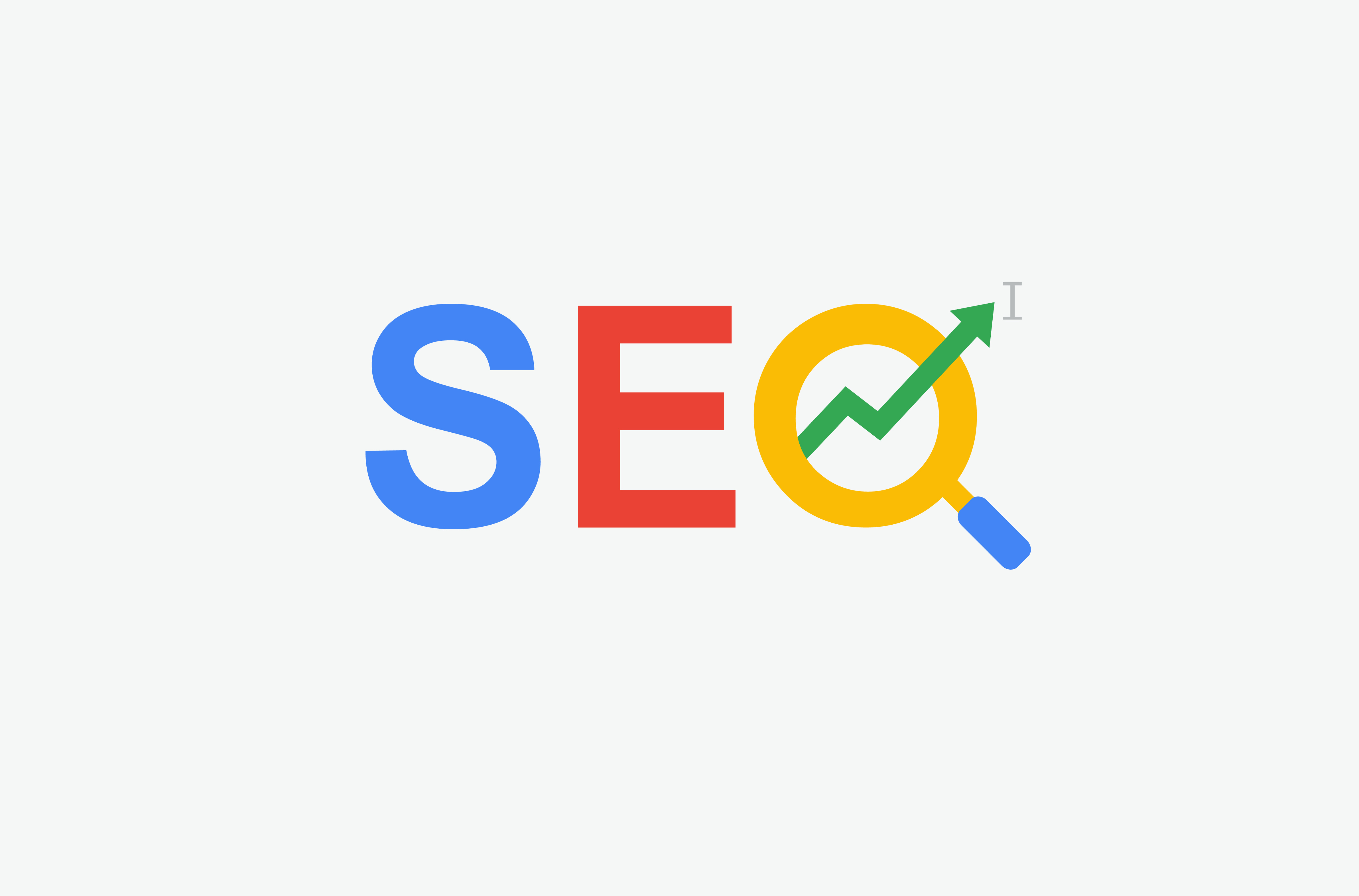 Blue S, red E, yellow O, spelling SEO with an upward trending green line through the O and the O is a magnifying glass