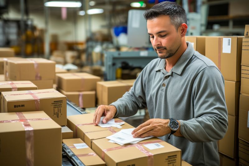 Worker in a warehouse reviewing packages and shipping labels