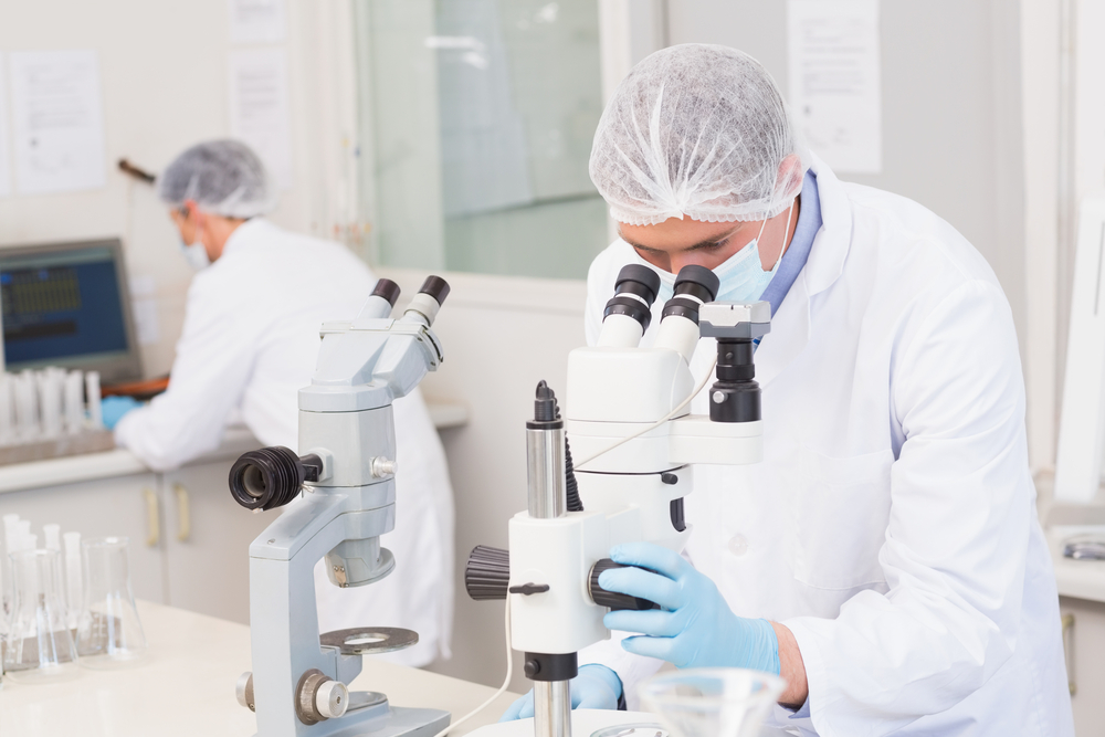 Scientists working attentively with microscopes in laboratory